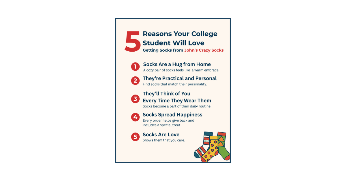 A graphics highlighting “5 Reasons Your College Student Will Love Getting Socks from John’s Crazy Socks”.