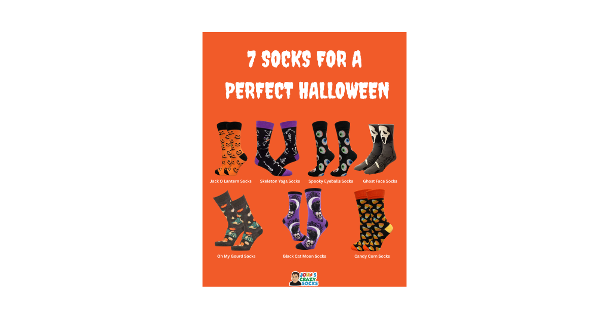 A graphic from John’s Crazy Socks on the ultimate Halloween vibe—7 spooky sock styles to make your Halloween perfectly fun and frightfully festive!