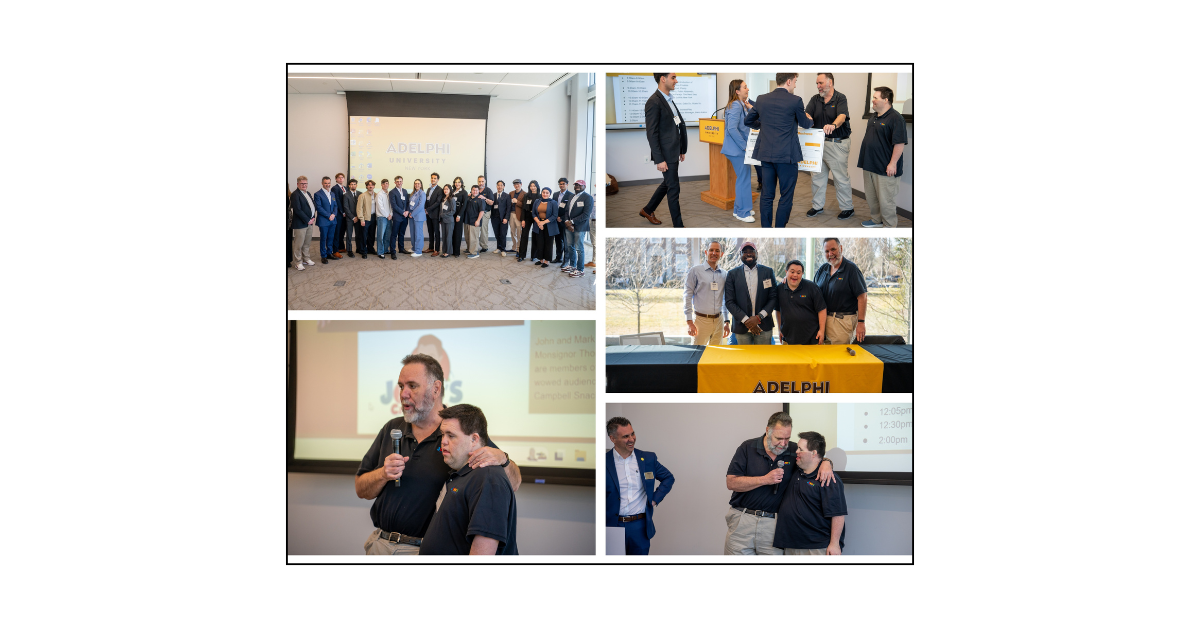 A collage showing John and Mark of John’s Crazy Socks at Adelphi University’s Business Plan Competition.