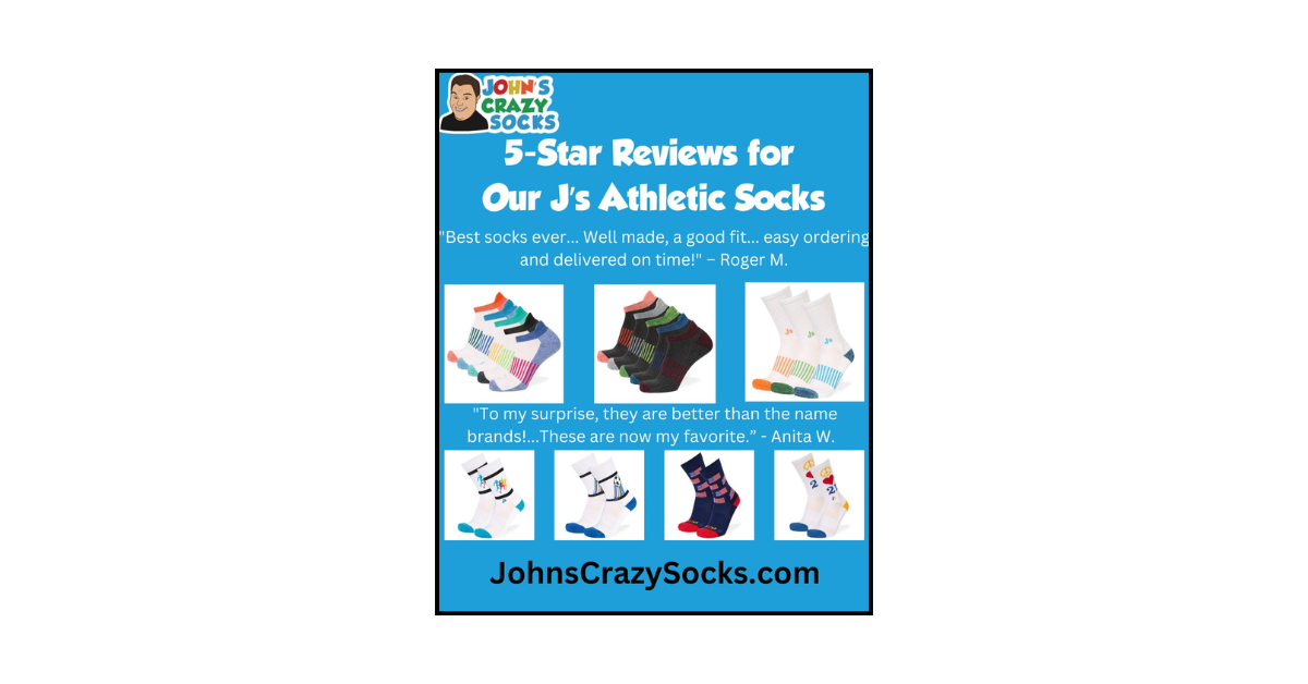A graphic highlighting 5-star customer reviews for J’s Athletic Socks, featuring colorful and fun sock designs.