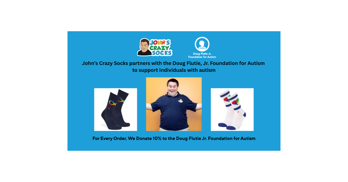 A graphic announcing that the Doug Flutie, Jr. Foundation for Autism is the newest charity partner of John's Crazy Socks.