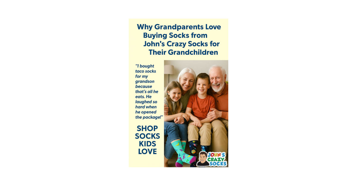 A graphic of laughing grandparents and grandkids with a highlighted comment: “The taco-themed socks from John’s Crazy Socks made my grandson laugh out loud!”
