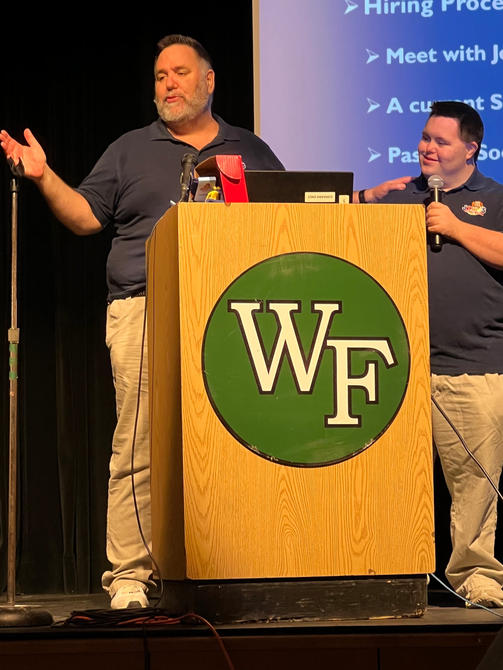 John and Mark from John’s Crazy Socks Speak Students at William Floyd High School