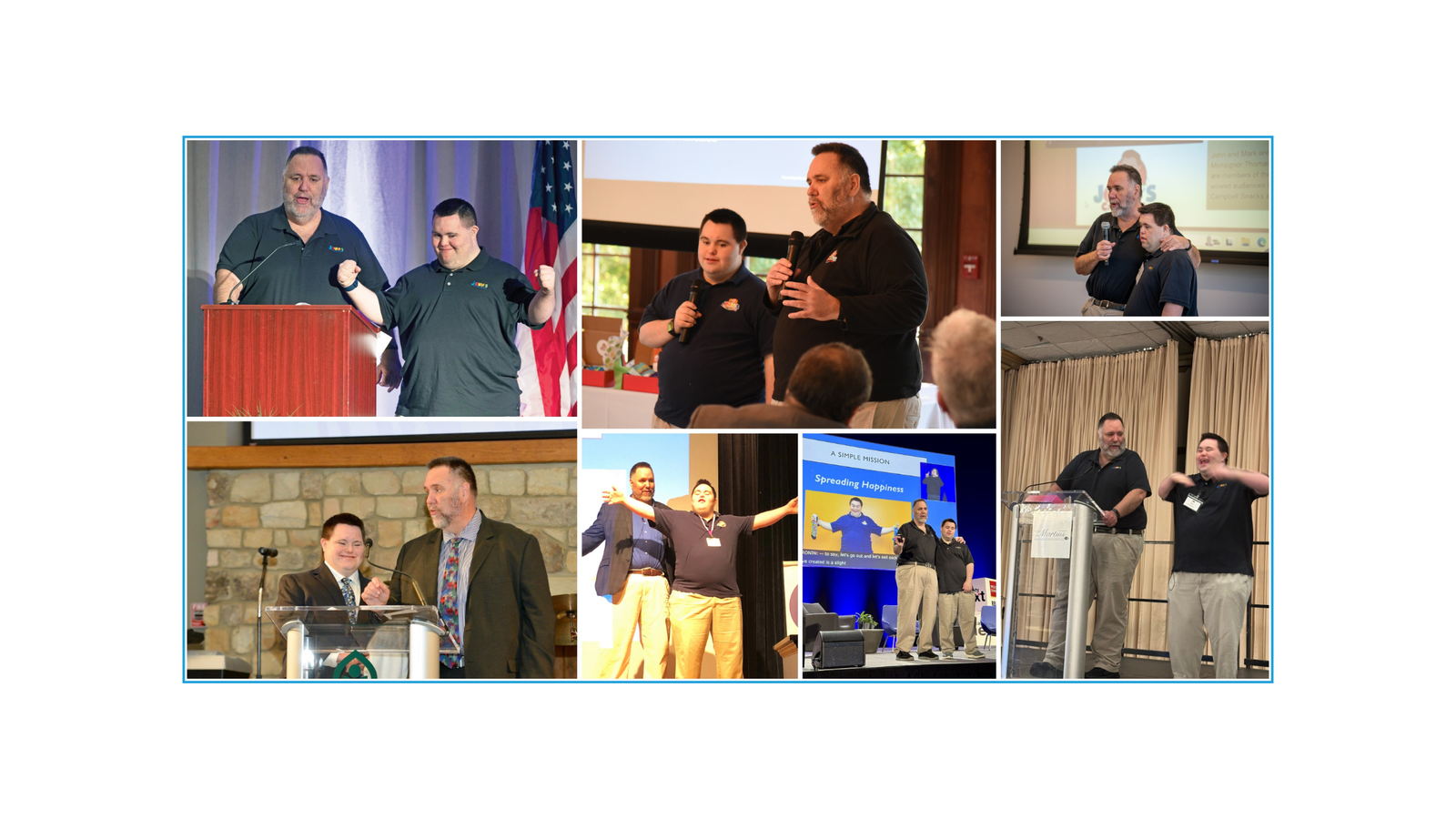A collage of John and Mark spreading happiness and inclusion on their speaking tour.
