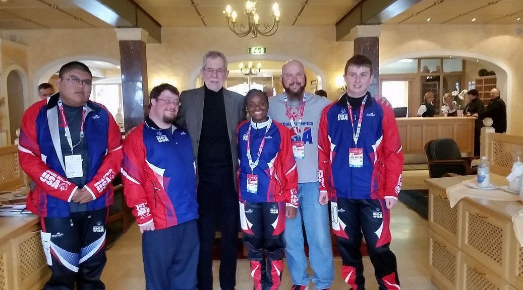 Liam Mrotzek with Team USA and Austria's President, Alexander Van der Bellen