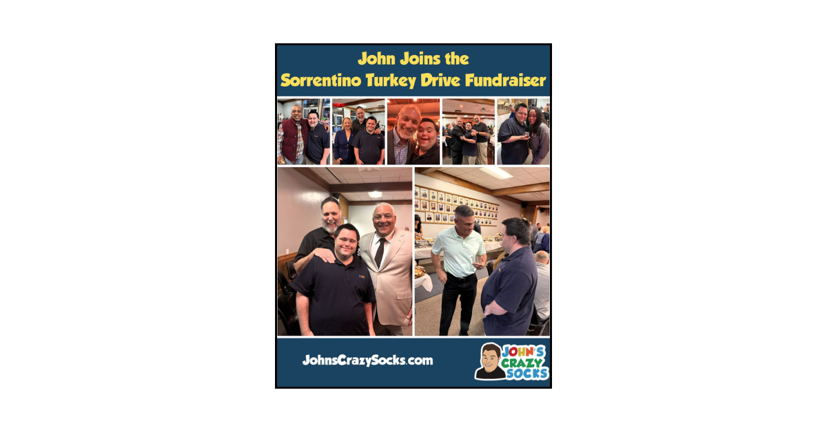 A graphic of John spreading smiles at the Sorrentino Turkey Drive Fundraiser.
