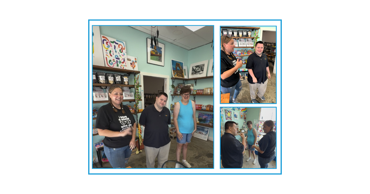A collage of John Cronin of John’s Crazy Socks visiting Sweet Zola’s Candy Shop in Boise, sharing smiles with Amy and founder Cyndy Radovich.