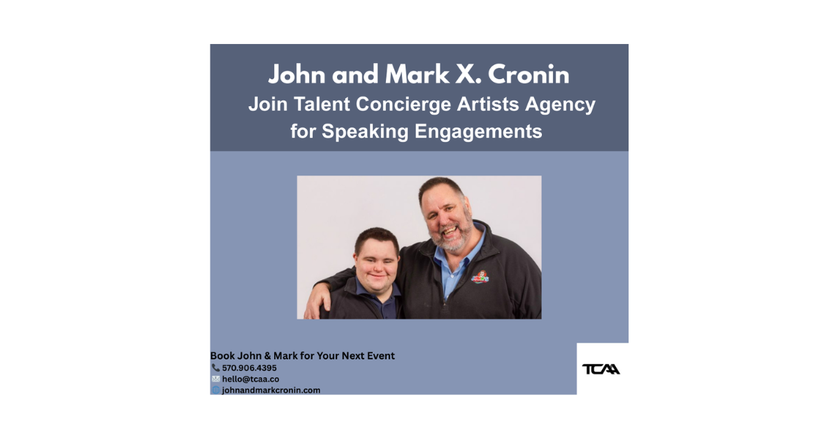 A graphics of John and Mark X. Cronin joining TCAA to spread happiness and inclusion while inspiring audiences everywhere.