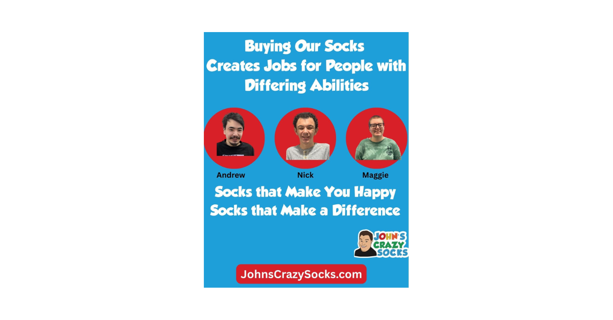 A graphic of Andrew, Nick, and Maggie from John’s Crazy Socks, showing how your purchase creates jobs for people with differing abilities.