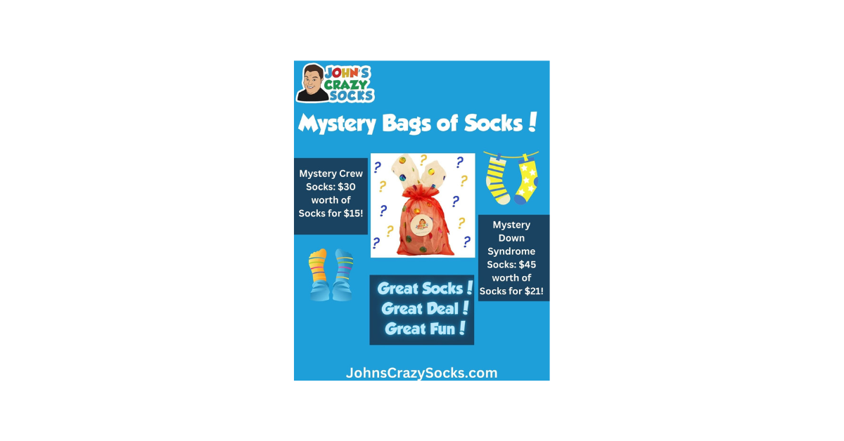 A John’s Crazy Socks flyer featuring Mystery Bags of Socks with special discounts and a fun surprise.