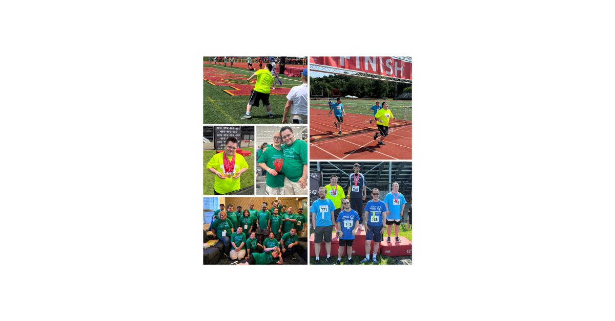A collage of John competing, celebrating, and sharing moments with teammates at the New York Special Olympics State Games.