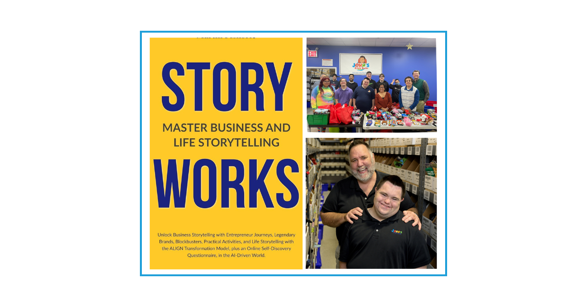 Story Works by Martin Piskoric book cover and John’s Crazy Socks, showing how storytelling spreads joy and inclusion.