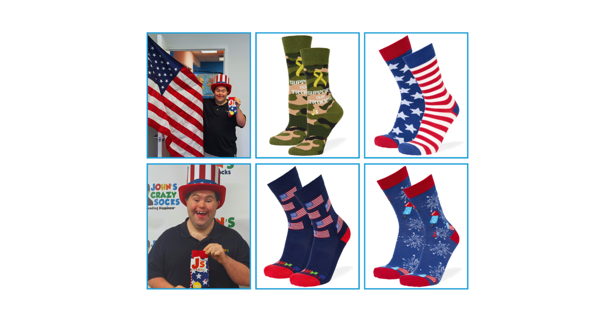 A collage of John Cronin with our Mismatched Flag Crew Socks and other Patriotic Sock favorites.
