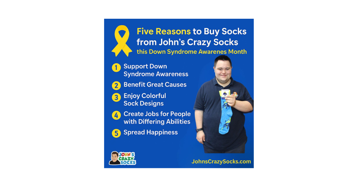 A graphic showing five reasons to buy socks from John’s Crazy Socks and support Down Syndrome awareness.