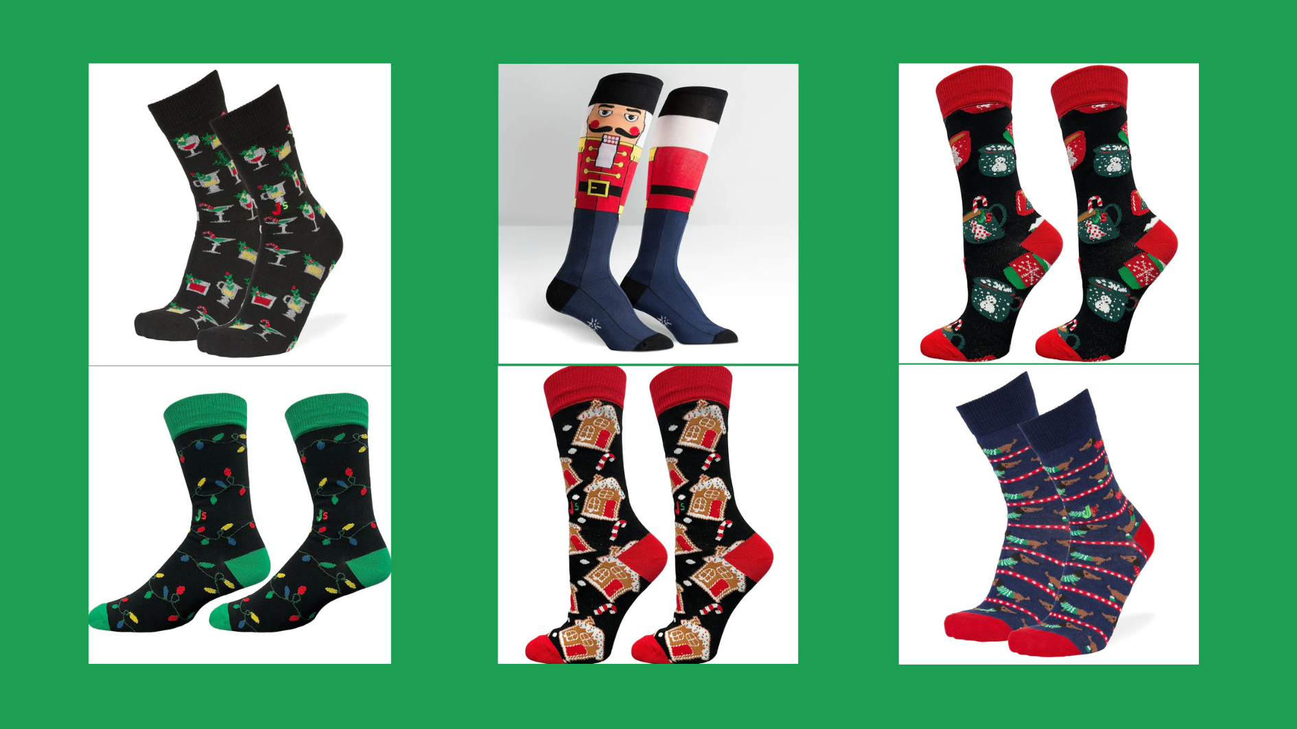 Pictures of 6 Festive Christmas Socks that you can buy from John's Crazy Socks.