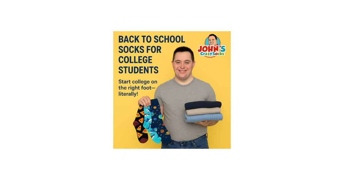 A college student holding colorful back-to-school socks from John's Crazy Socks.
