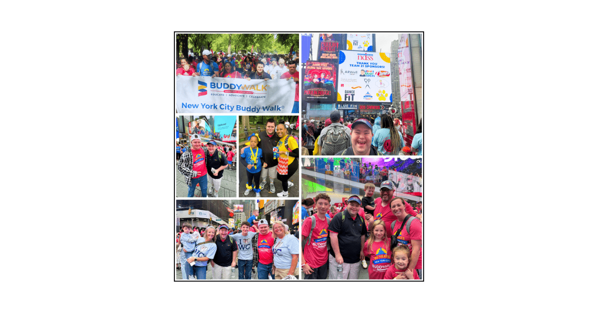 A collage of John at Times Square and the NYC Buddy Walk, celebrating the Down syndrome community with joy and smiles.