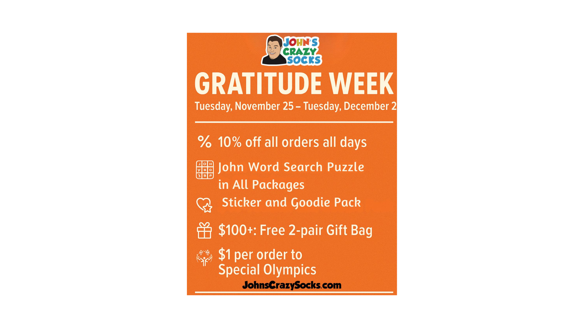 Gratitude Week deals and goodies—straight from John’s Crazy Socks!