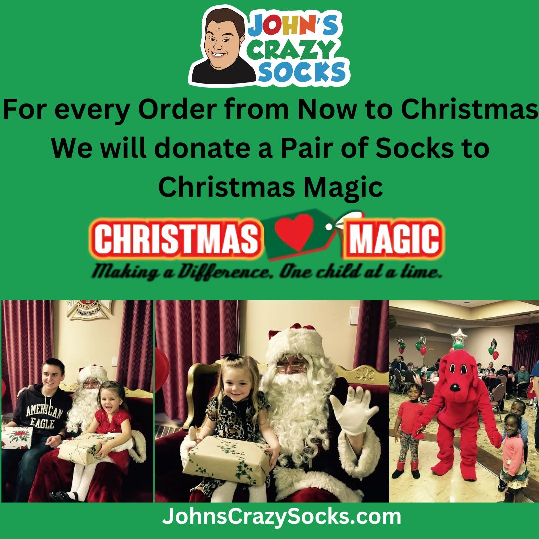 John’s Crazy Socks will donate a pair of socks to Christmas Magic for every order placed until Christmas. The image features festive scenes with Santa and happy children.