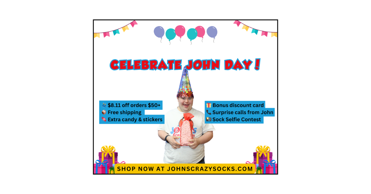 A graphic of John holding a gift, celebrating John Day with smiles, socks, and surprises on August 11!