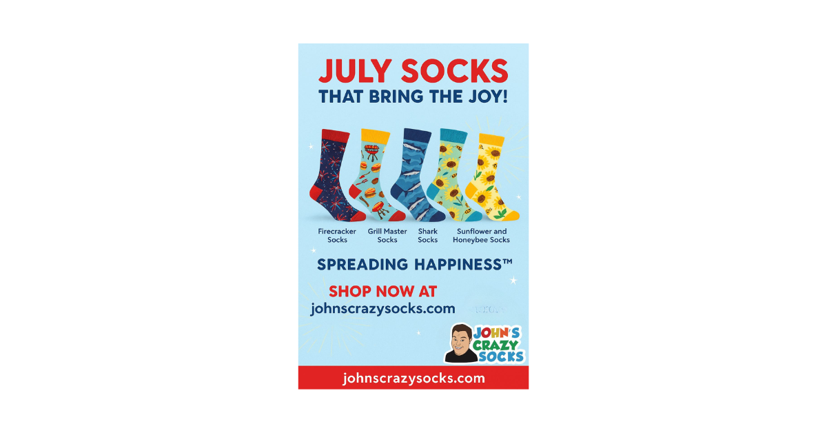 A graphic showcasing festive July-themed socks from John’s Crazy Socks, designed to spread happiness with every step.