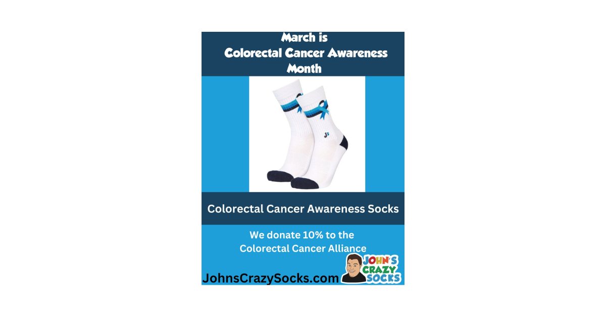 This graphic highlights March as Colorectal Cancer Awareness Month and features our Colorectal Cancer Awareness Crew Socks.
