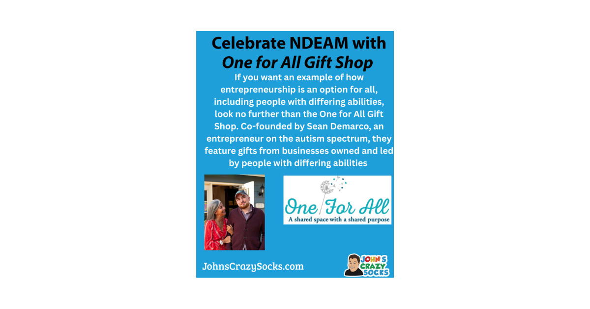 A graphic celebrating NDEAM and showcasing One for All Gift Shop as a leader in inclusive entrepreneurship.