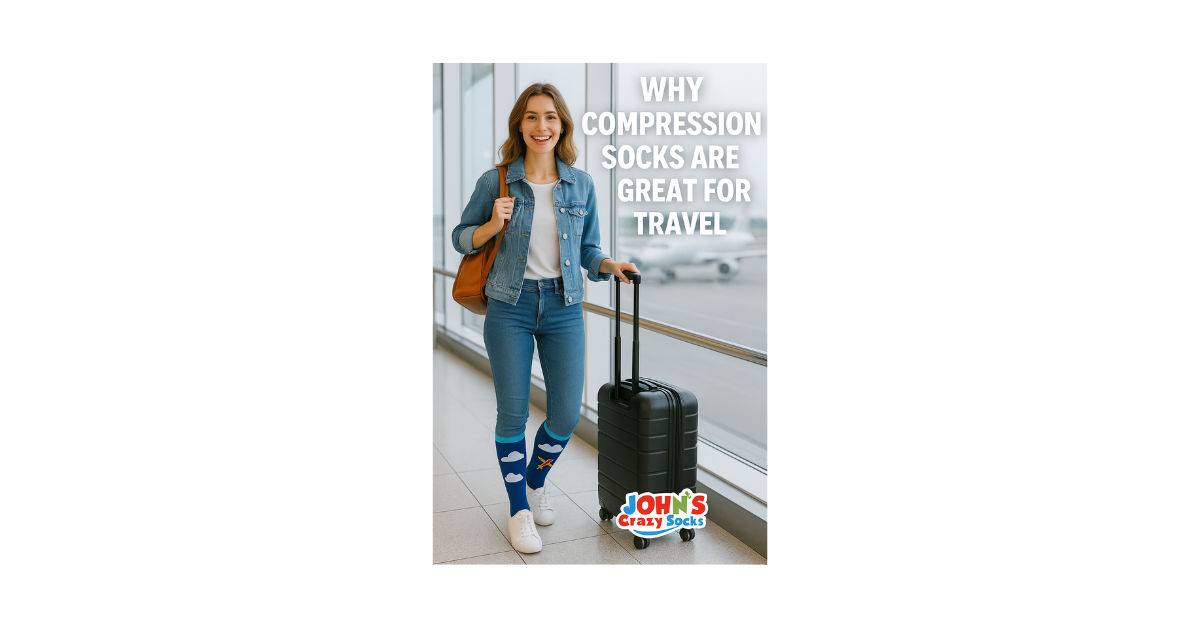 An image of a woman at an airport wearing colorful airplane-themed compression socks from John’s Crazy Socks with the text "Why Compression Socks Are Great for Travel".