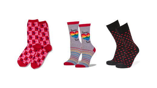 An image of a selection of Valentine's-themed socks from John's Crazy Socks.