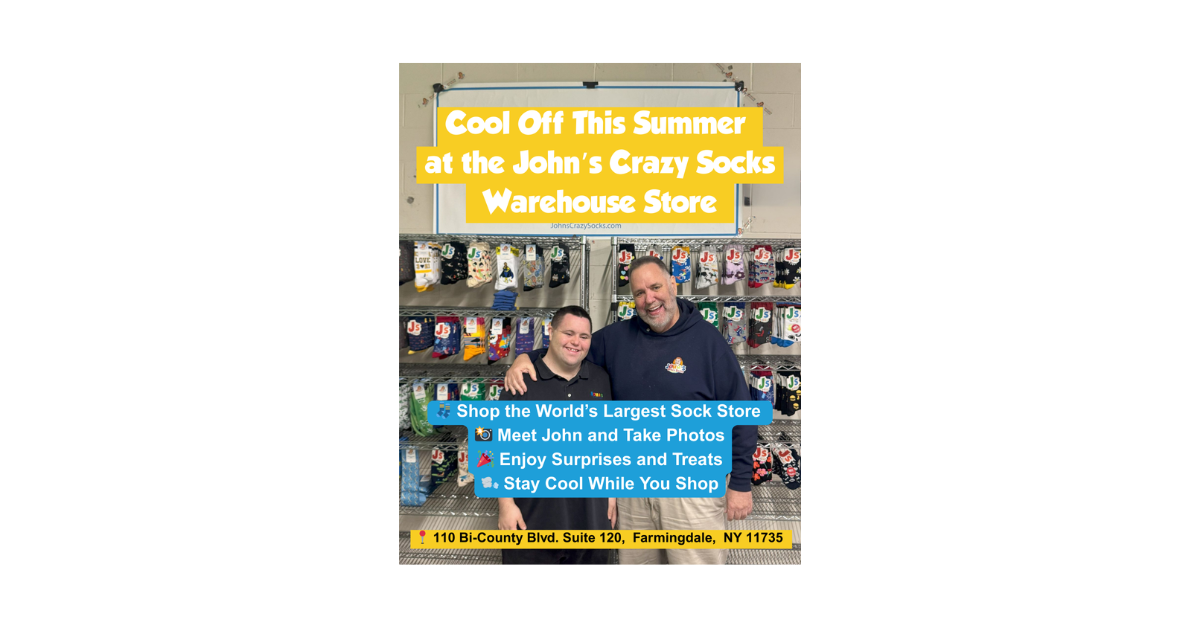 A graphic of John and Mark at our Warehouse Store—surrounded by endless socks and smiles!