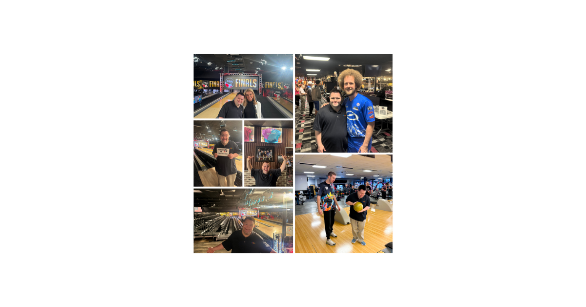 A collage of John Cronin at the PBA Tour Championship with pro bowlers Kyle Troup and Packy Hanrahan.