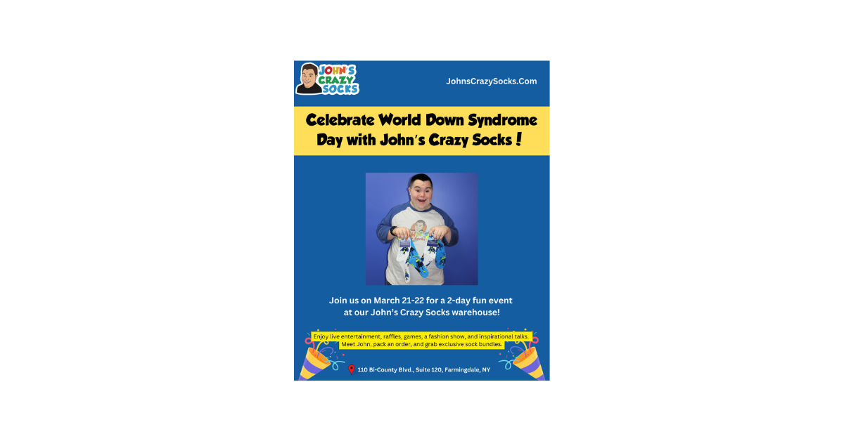 A graphic of John holding our Down Syndrome Super Hero Socks with the text 