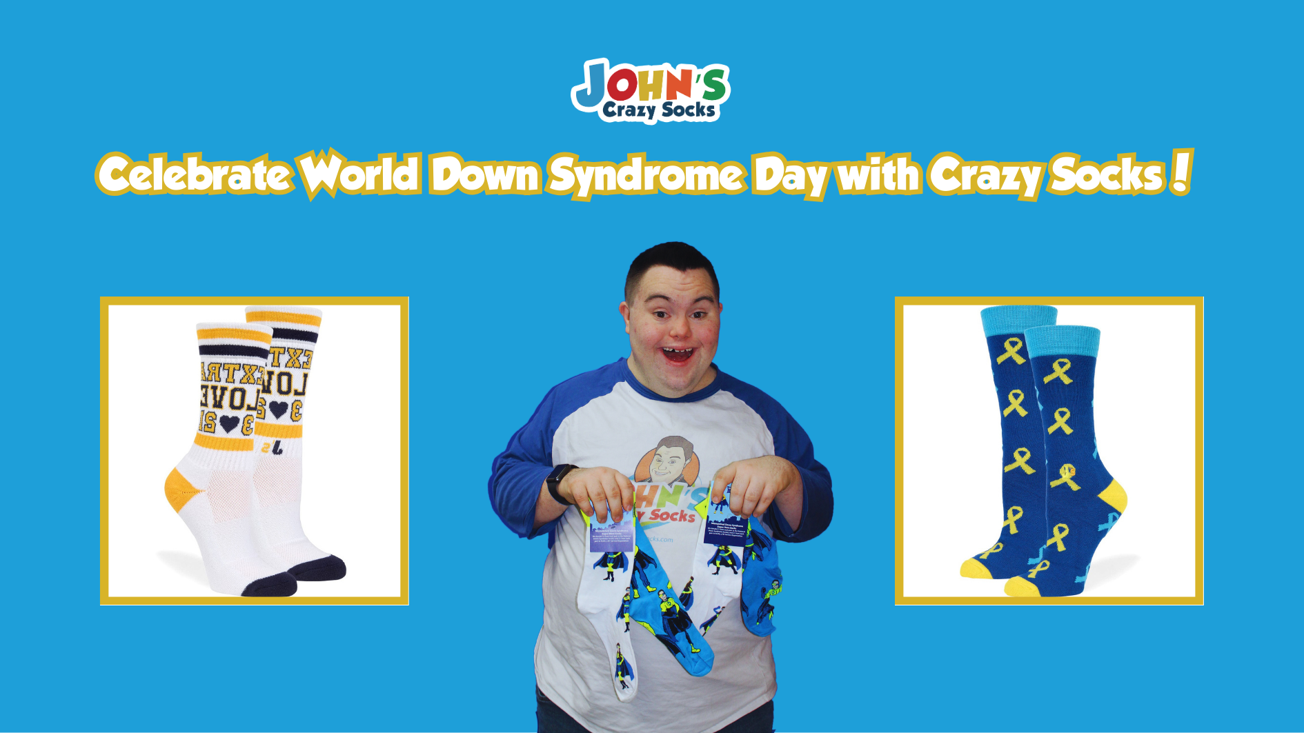 An image of John Cronin celebrating World Down Syndrome Day with themed socks from John’s Crazy Socks.