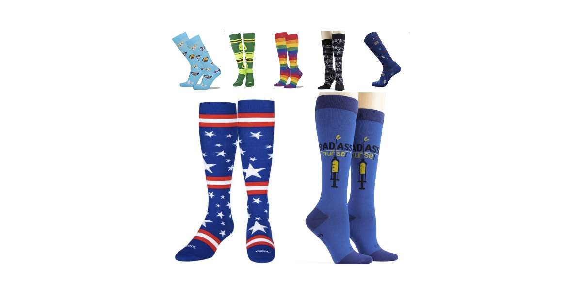 A collage of colorful, knee-high compression socks from John’s Crazy Socks featuring fun designs like stars, cats, rainbows, music notes, and nurse-themed graphics.