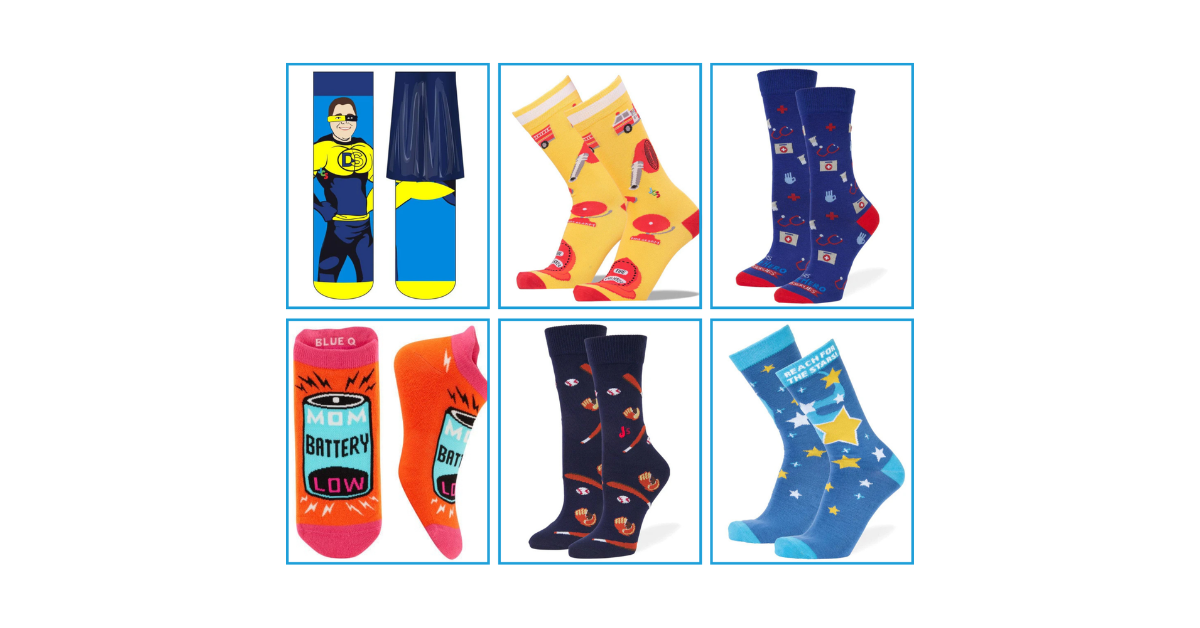 A colorful collage of six fun and themed socks from John's Crazy Socks, featuring designs like superheroes, healthcare, sports, and stars.