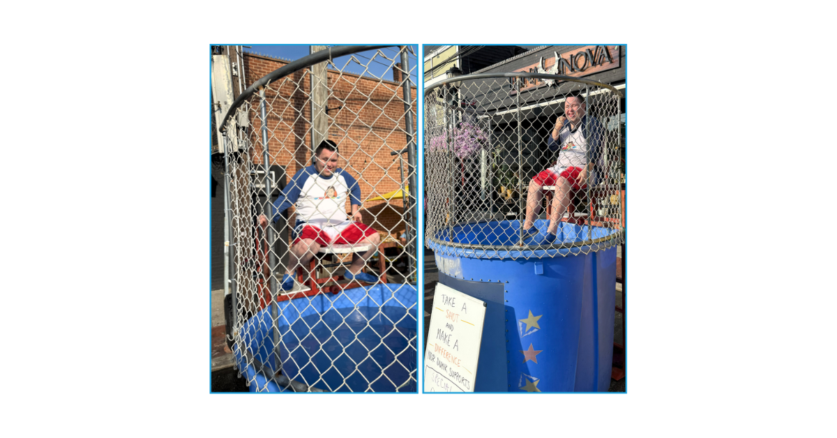 John patiently waits atop the dunk tank, proudly supporting the Special Olympics one splash at a time.