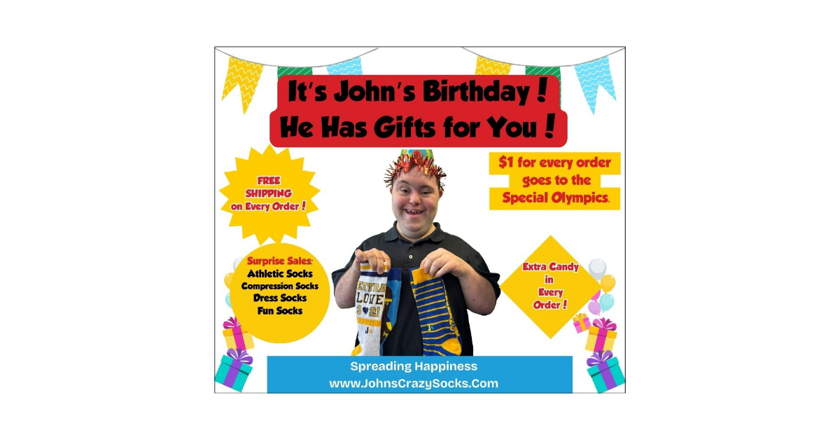 John from John's Crazy Socks celebrates his birthday with gifts for you! Free shipping, surprise sales, extra candy, and $1 per order donated to the Special Olympics.