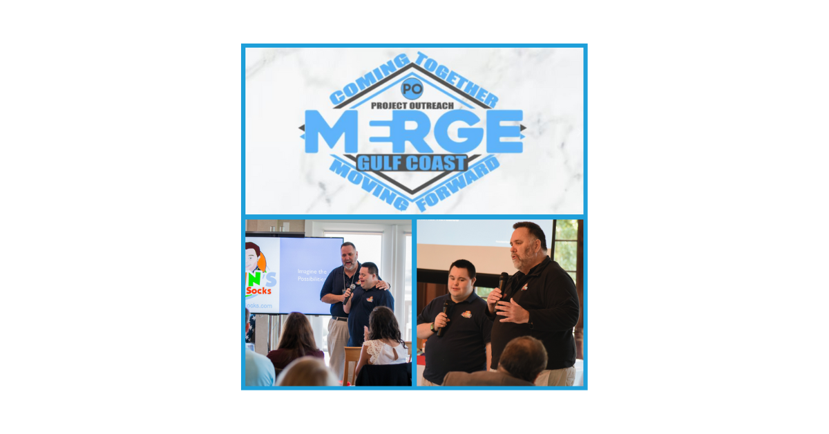 A collage of John and Mark X. Cronin speaking at events, shown alongside the Project Outreach MERGE Gulf Coast logo.