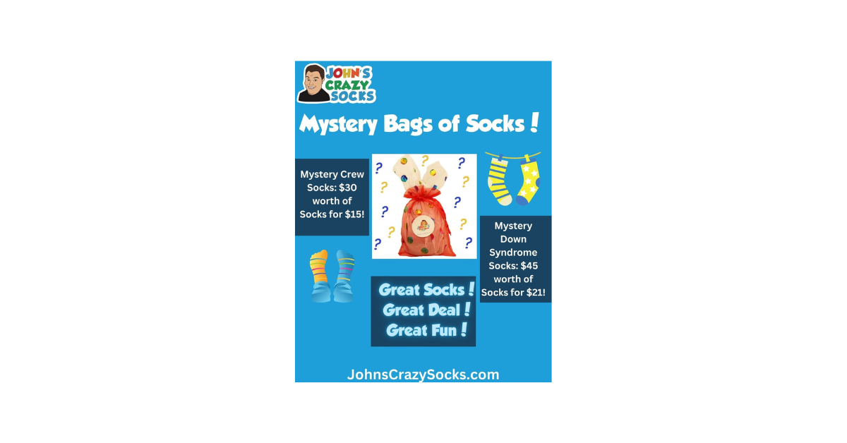  A John’s Crazy Socks flyer featuring Mystery Bags of Socks with special discounts and a fun surprise.