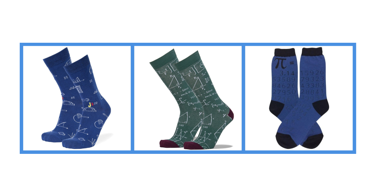 A collage of our Math, Equation, and Pi Day Socks. 