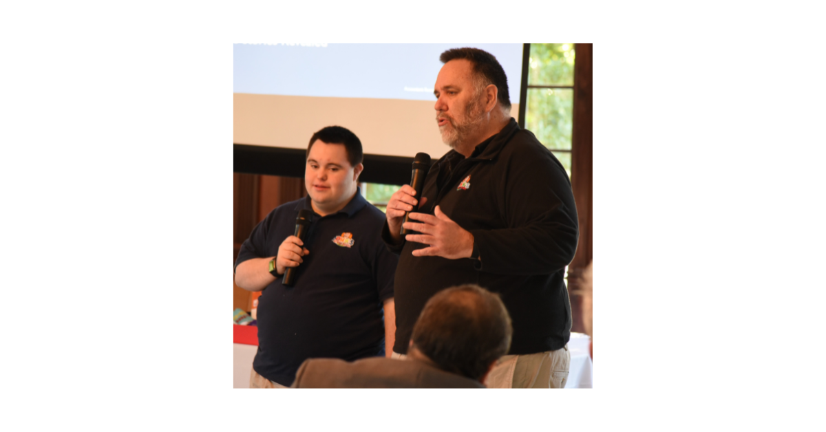 John and Mark Cronin at a speaking event. 