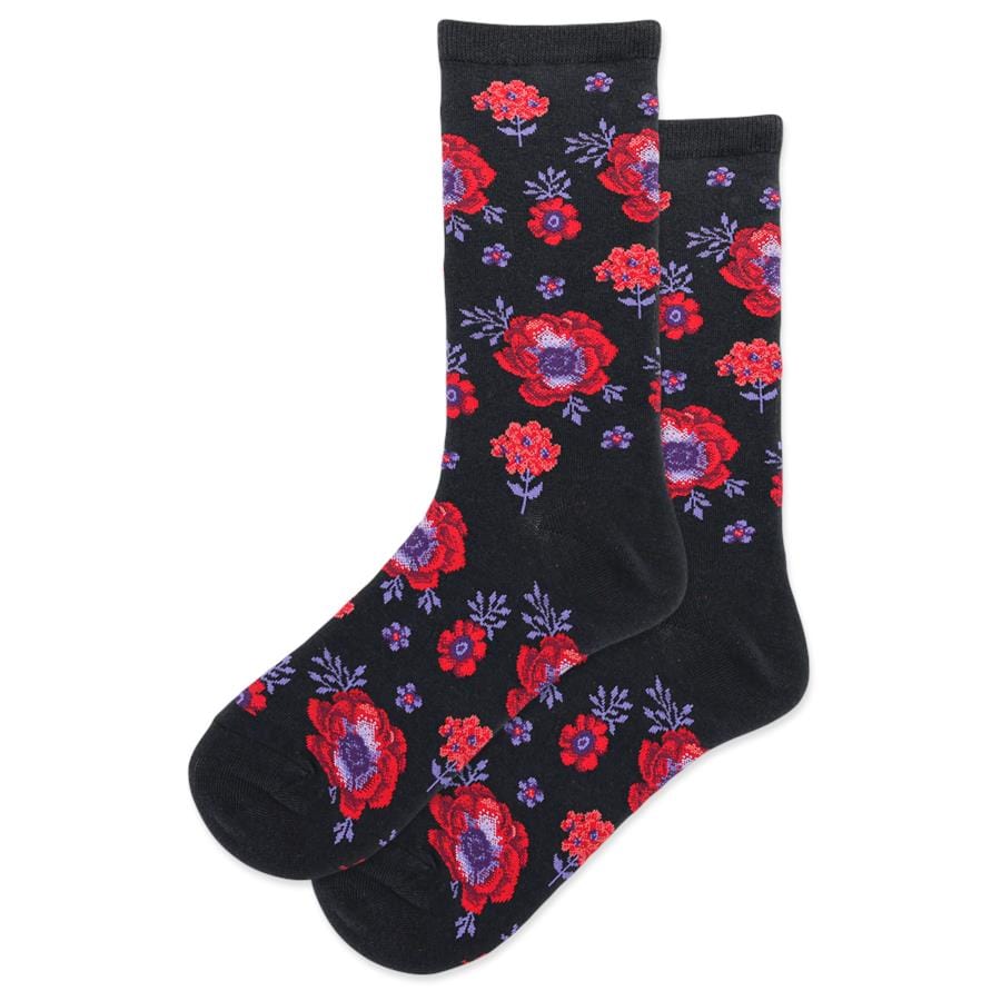 Poppy Floral Women's Crew Socks Black