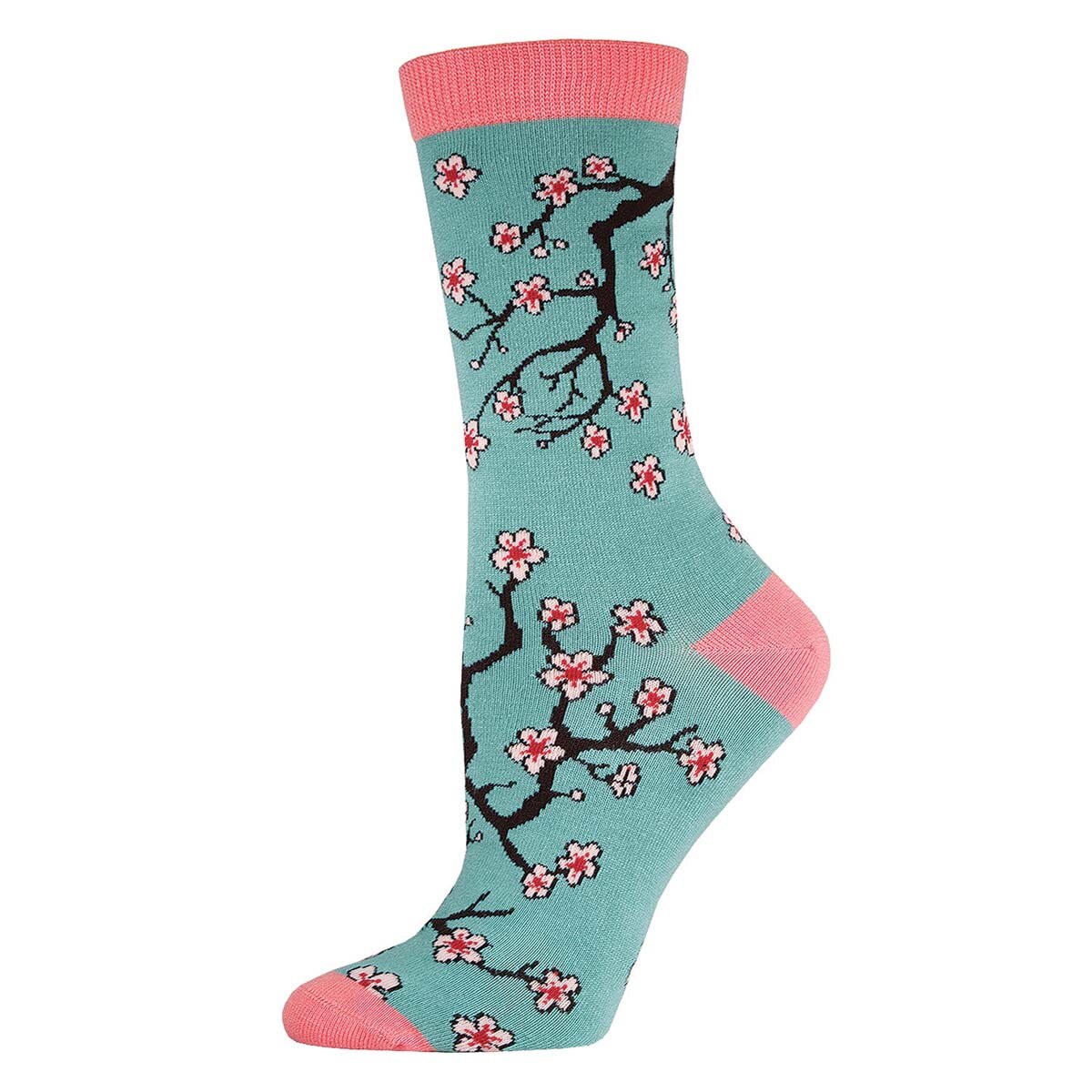 Cherry Blossoms Crew Socks Light Green SockSmith