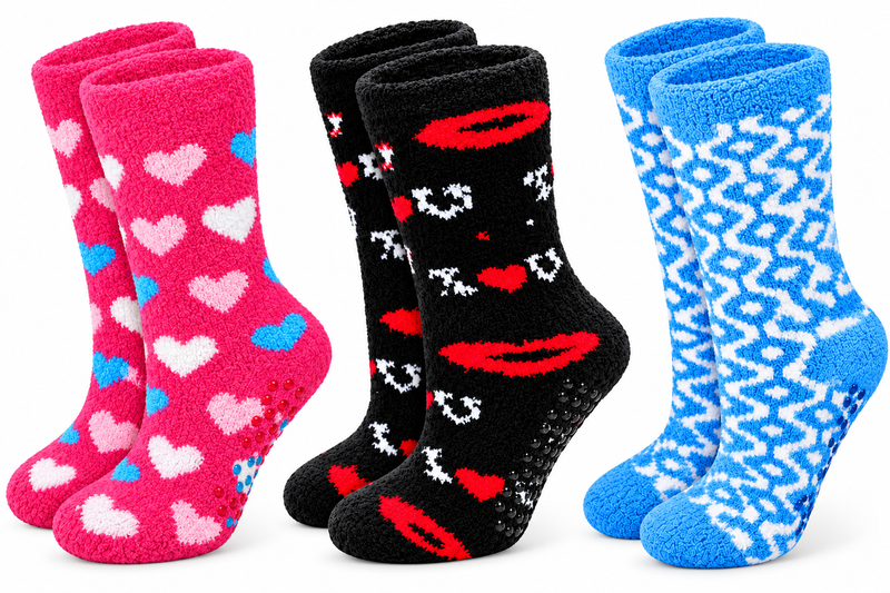 Fuzzy Non-Skid Crew Socks - 3 Pack Pink/Black/Blue Different Touch
