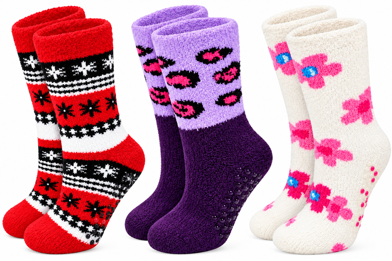 Fuzzy Non-Skid Crew Socks - 3 Pack Purple/White/Red Different Touch