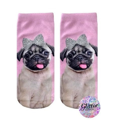 Pug With Bow Glitter Ankle Socks Pink