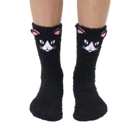 Black Cat Fuzzy Crew Socks Black