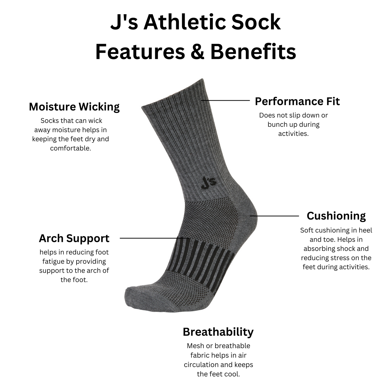 J's Athletic Crew 3 Pack - Black/White/Grey, Black/White/Grey / Large