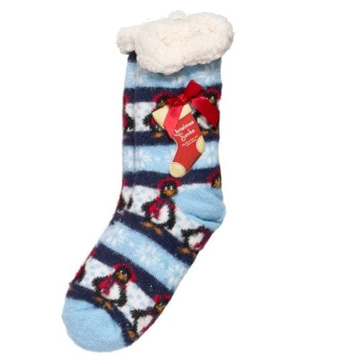 Christmas Penguin Fuzzy Sherpa Slipper Sock Blue