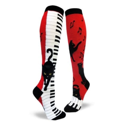 Piano Cat Women&#39;s Knee High Socks Red